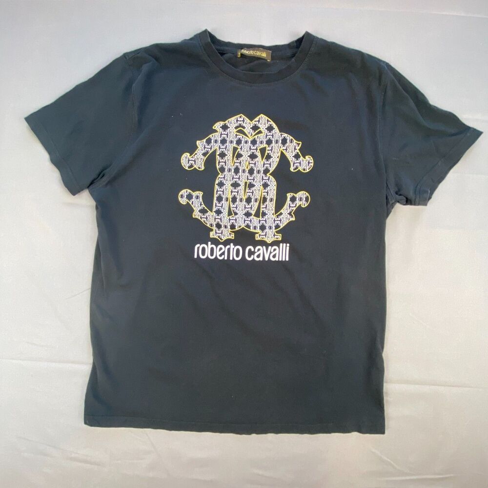 Roberto Cavalli Mens Monogram Logo Graphic T-Shirt Short Sleeve Black Medium M